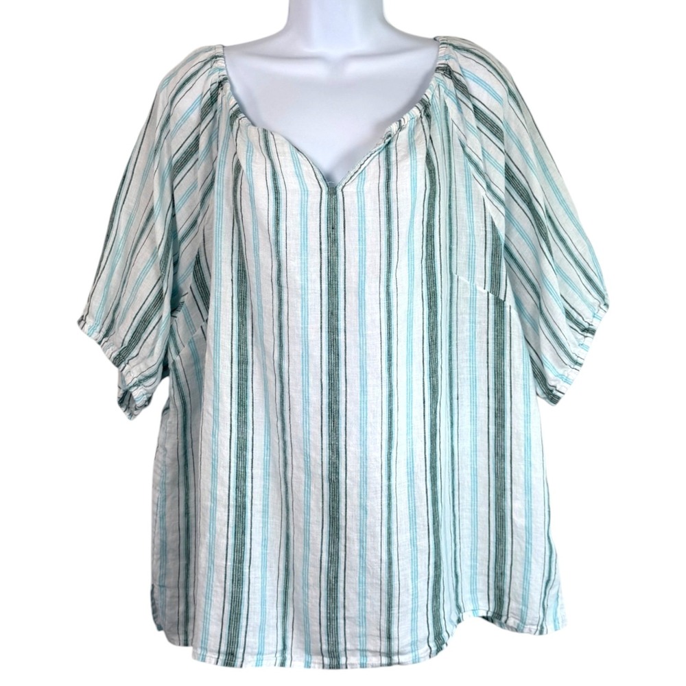 Talbots Striped Linen Peasant Blouse Sz XL White Blue Green Boho Coastal Breezy - Picture 2 of 7
